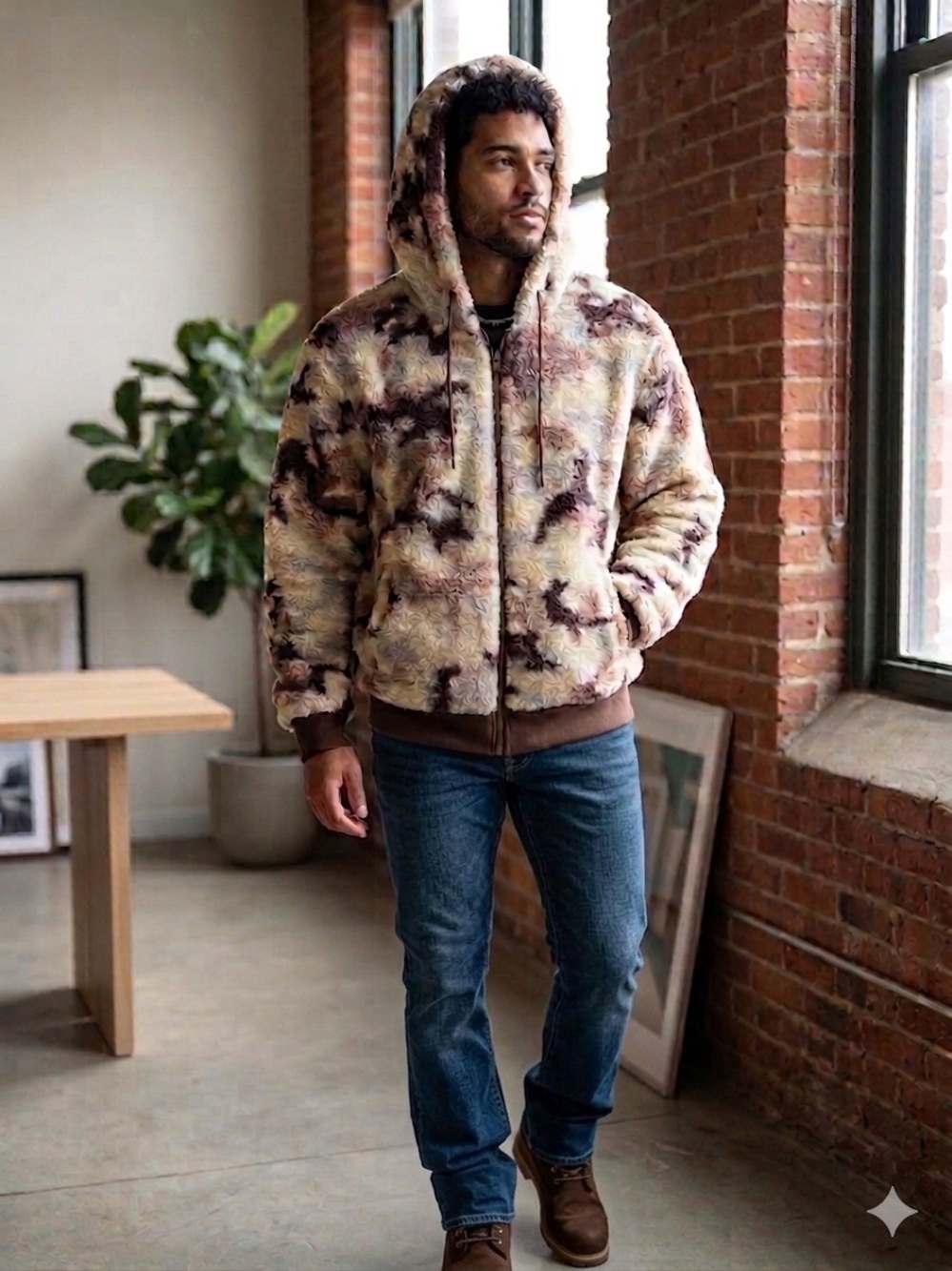 Eleven Paris Men's Faux Fur Hooded Bomber in Beige and Brown Camo